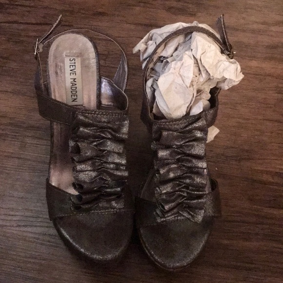 SteveMadden Wedges Leather/Cork Gray Metallic Sz 8 - Picture 5 of 8